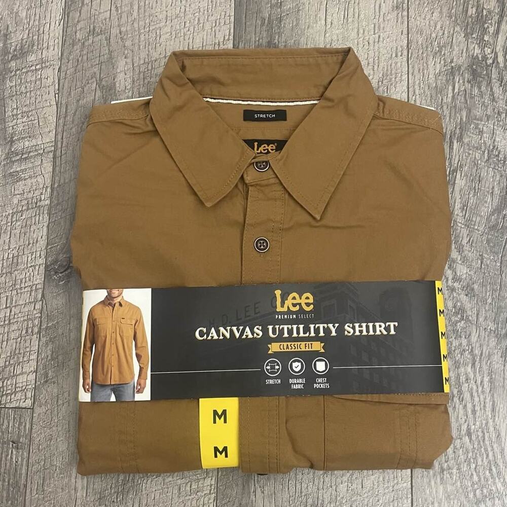 Lee Men's M Canvas Utility Stretch‎ Button Down Shirt Brown